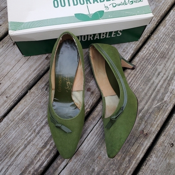 Vintage 50s 60s Retro Pin Up Girl PUG Green Leather Bow Heels Pumps Woman's 6.5 - Picture 1 of 6